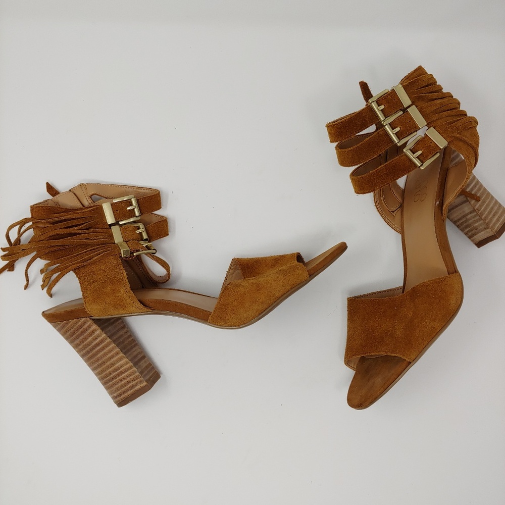 Franco Sarto Delmar Suede Fringe Tan Brown Sandals